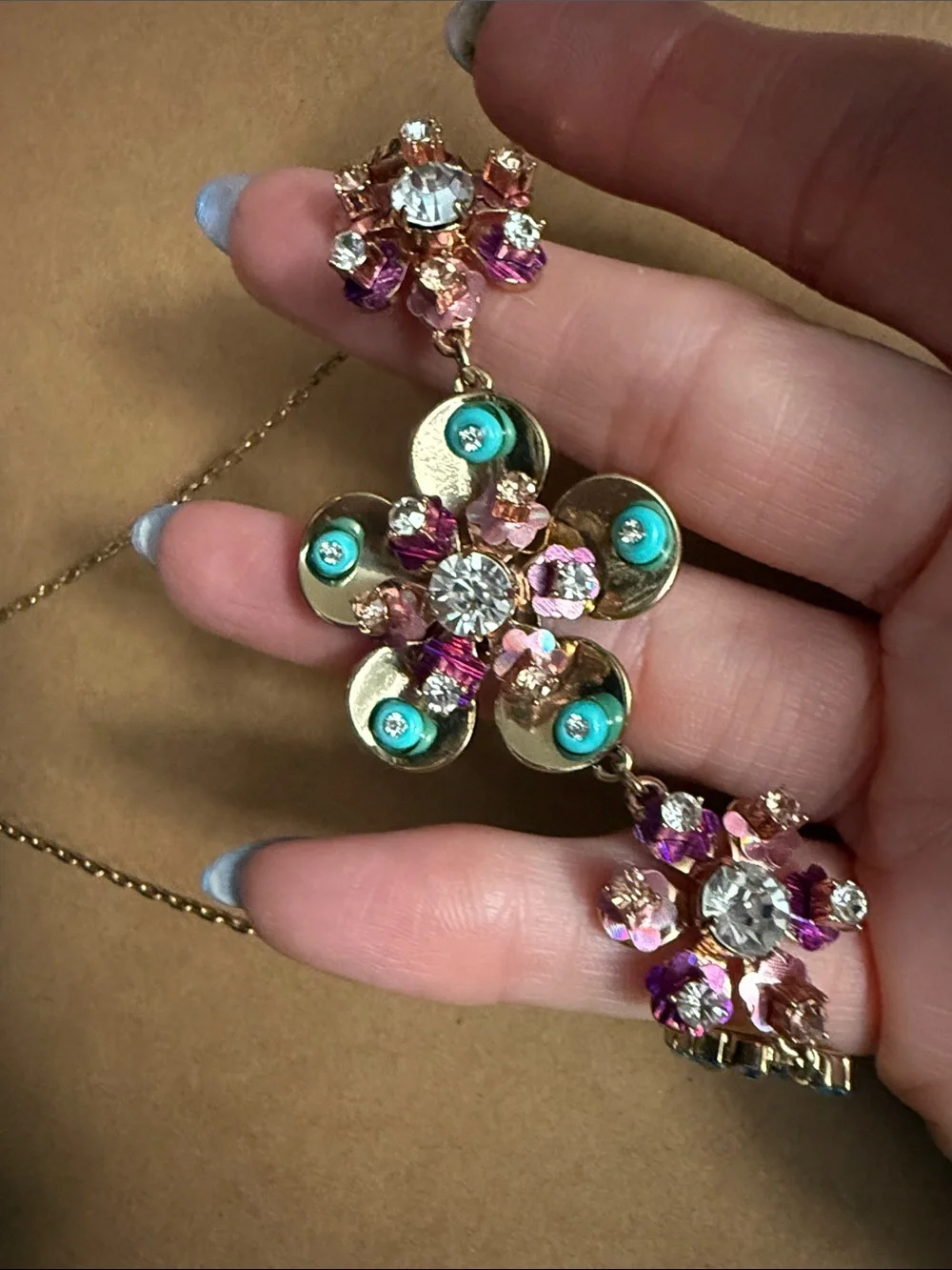 Betsey Johnson Boardwalk Sweet Flower Necklace Retired Pink Teal Rhinestone Aqua